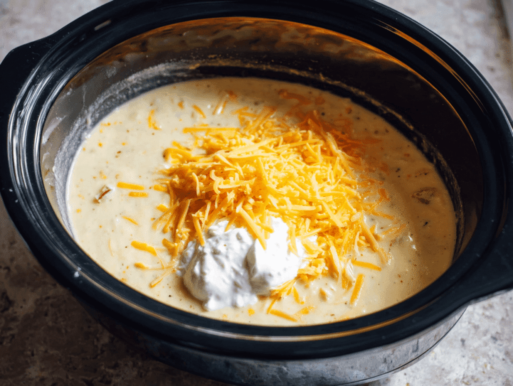 Adding shredded cheddar cheese and Greek yogurt to Crockpot Potato Soup in a slow cooker