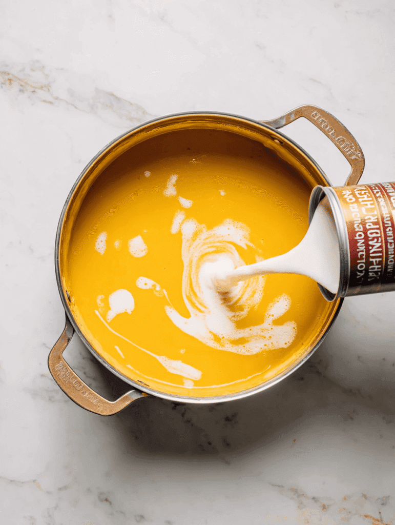 Pouring organic coconut milk into creamy butternut squash and apple soup for a smooth, dairy-free finish.