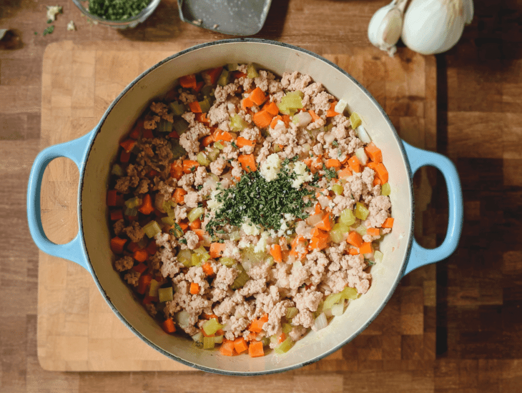 Fresh herbs and garlic added to ground turkey, carrots, and celery in a Dutch oven.