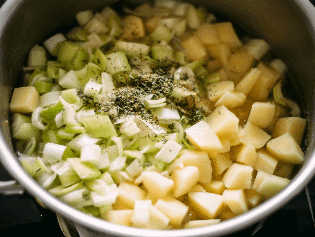 Adding potatoes and spices for potato leek soup without cream