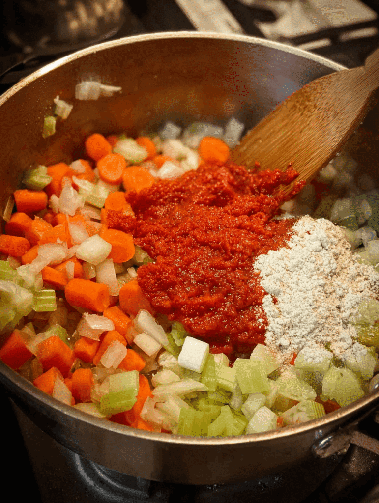 Adding tomato paste and flour to sautéed vegetables for Old Fashioned Vegetable Beef Soup