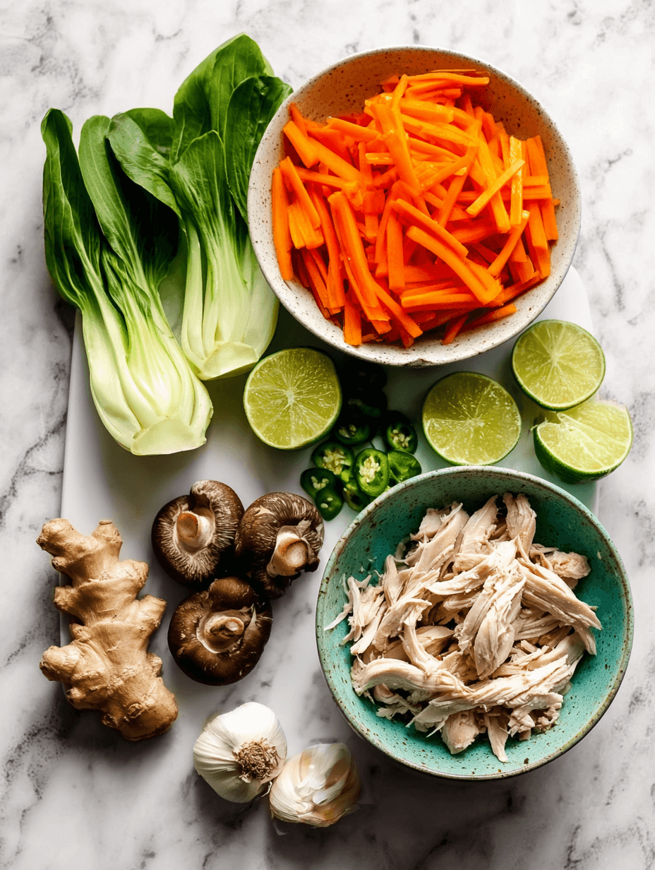 asian-chicken-noodle-soup-ingredients Ingredients for Asian Chicken Noodle Soup including bok choy, carrots, mushrooms, ginger, and chicken
