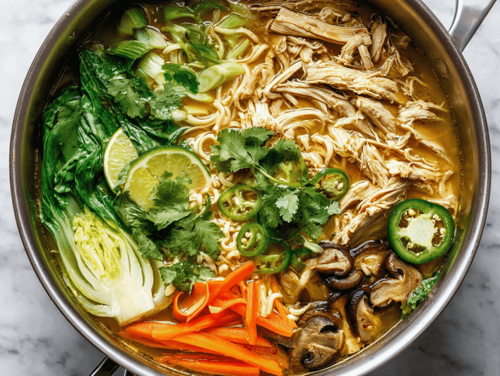 Asian Chicken Noodle Soup with noodles, bok choy, carrots, mushrooms, and shredded chicken