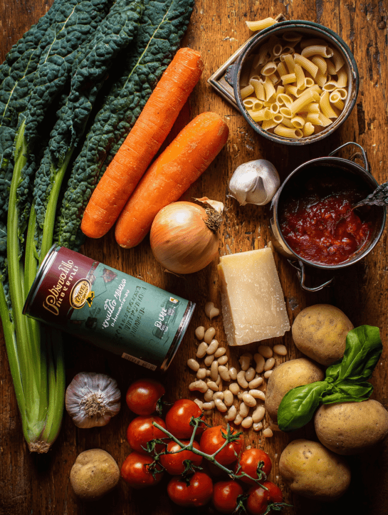 Fresh ingredients for authentic Italian minestrone soup on a rustic table
