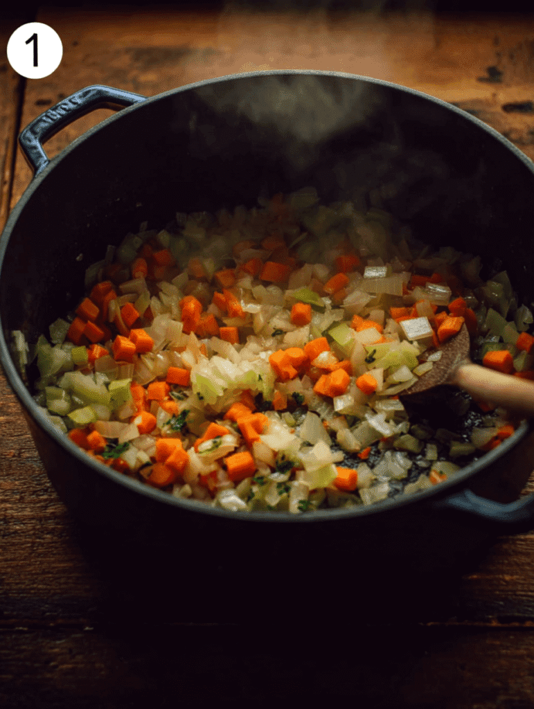 Sautéing onions, carrots, and celery for authentic Italian minestrone soup
