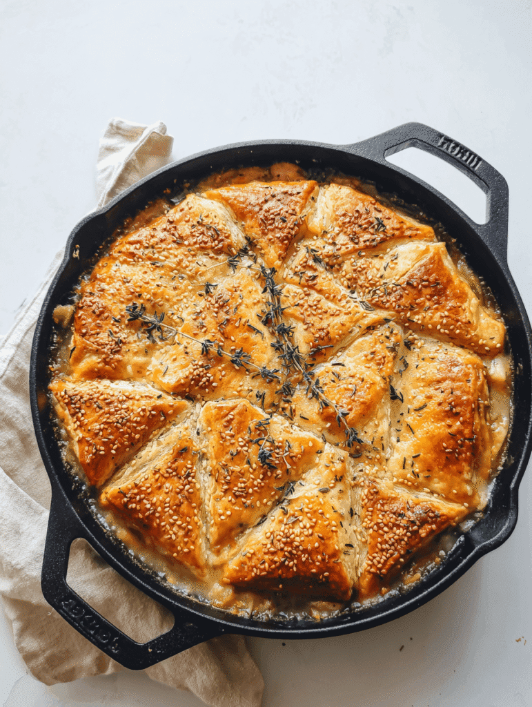 golden baked easy chicken pot pie with cream of chicken soup topped with sesame seeds