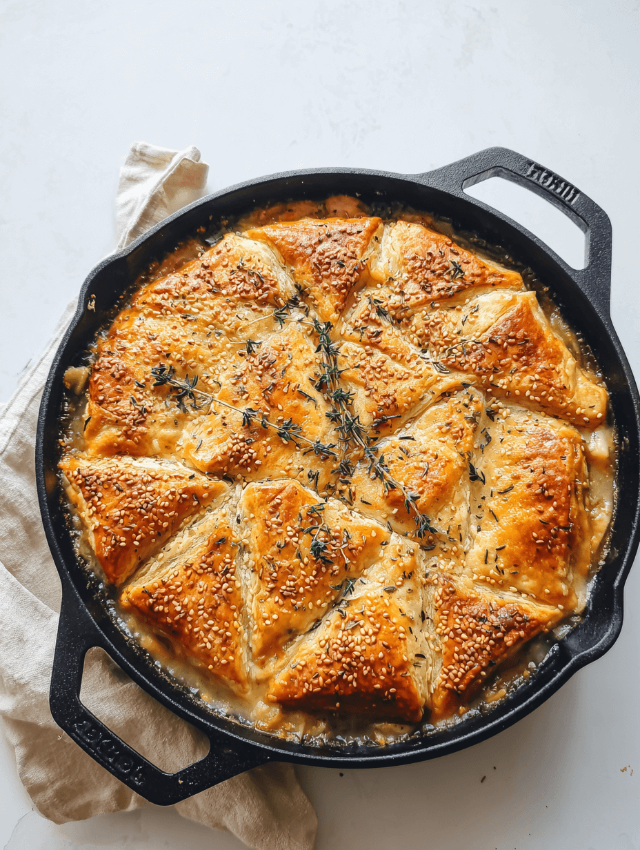 golden baked easy chicken pot pie with cream of chicken soup topped with sesame seeds