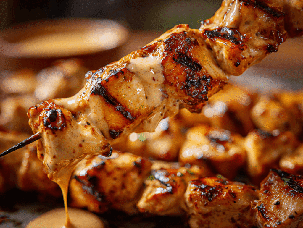 Close-up of Bang Bang Chicken Skewer glazed with creamy chili sauce