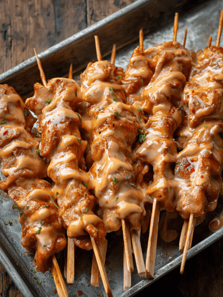Bang Bang Chicken Skewers brushed with creamy spicy sauce before grilling