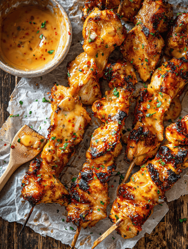 Bang Bang Chicken Skewers glazed with creamy chili sauce on parchment paper
