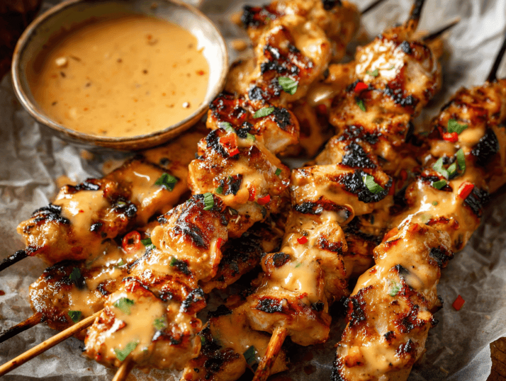 Juicy Bang Bang Chicken Skewers glazed with creamy chili sauce
