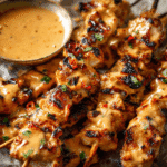 Juicy Bang Bang Chicken Skewers glazed with creamy chili sauce