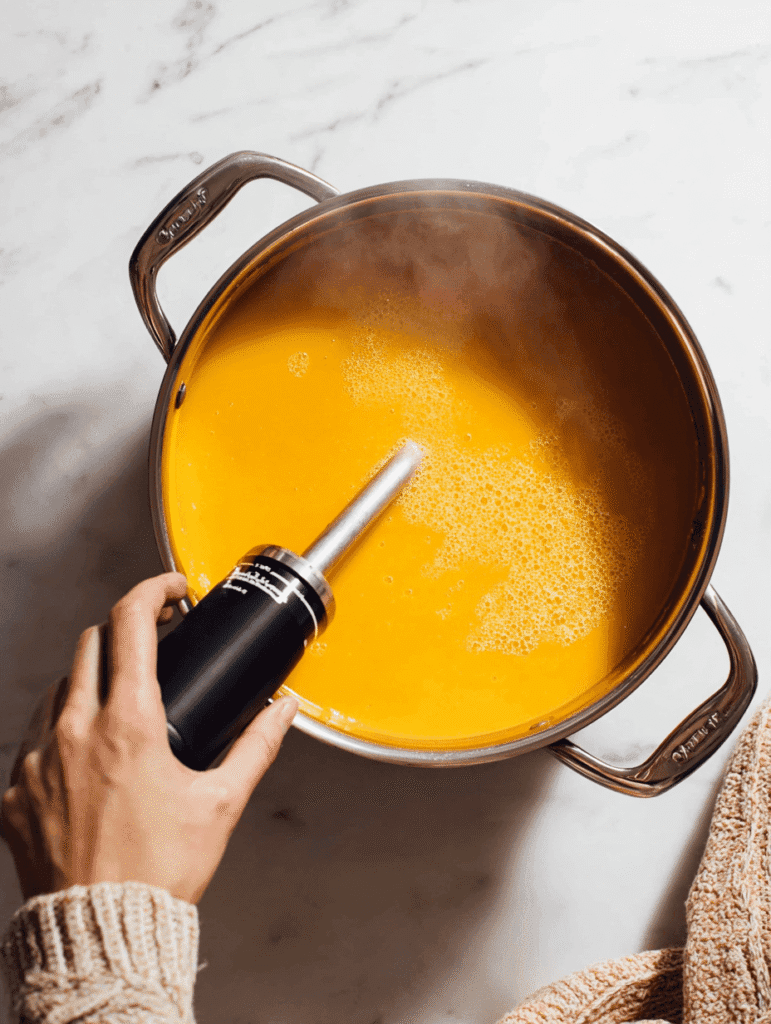 Blending butternut squash and apple soup with coconut milk using an immersion blender in a stainless-steel pot.