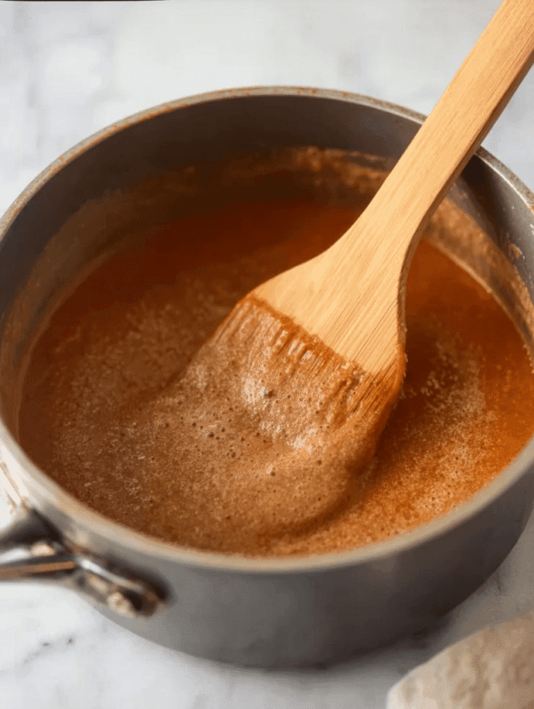 Stirring creamy tomato basil soup in a saucepan with a wooden spatula