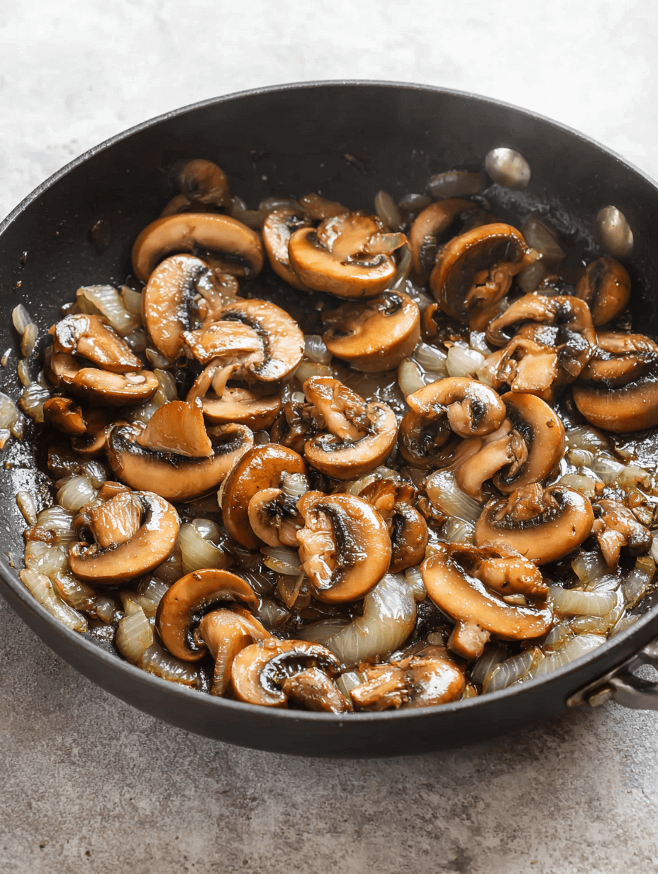 browned mushrooms and onions cooking for dairy-free cream of mushroom soup