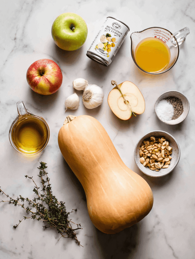 Ingredients for butternut squash and apple soup with coconut milk on a marble surface, including squash, apple, onion, coconut milk, and herbs.