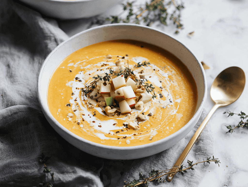 Creamy butternut squash and apple soup with coconut milk in a white bowl topped with coconut cream, nuts, and herbs.