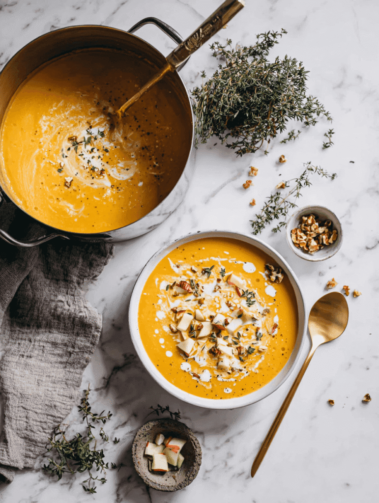 Creamy butternut squash and apple soup with coconut milk served in a white bowl with fresh thyme, coconut cream drizzle, and toasted nuts.