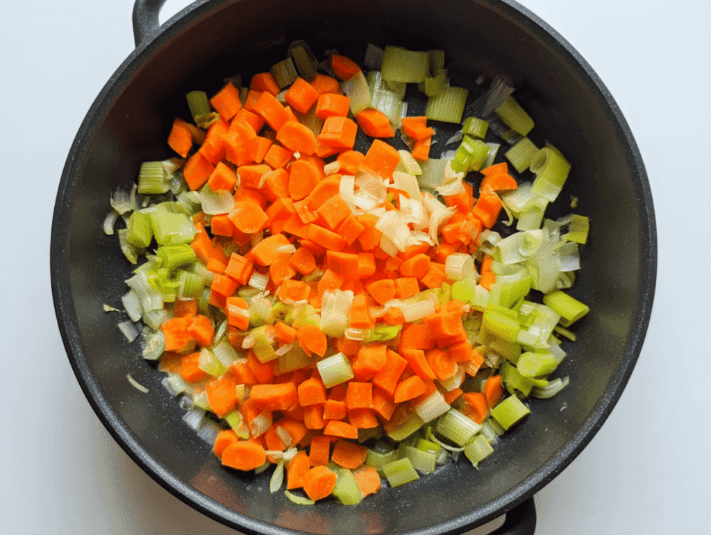 chopped carrots and leeks cooking for easy chicken pot pie with cream of chicken soup