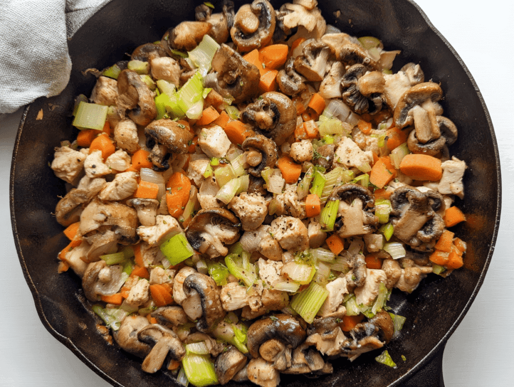 creamy chicken pot pie filling with peas and mushrooms in skillet