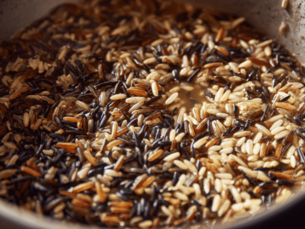 wild rice cooking in saucepan for chicken and wild rice soup recipe