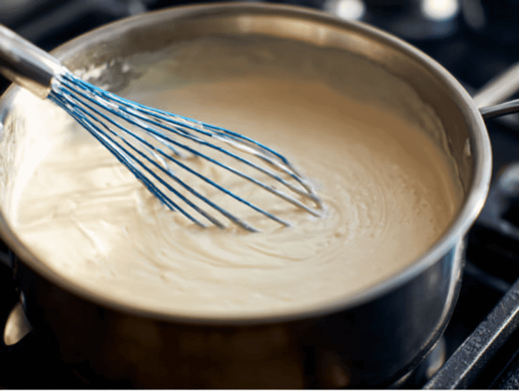whisking creamy sauce in saucepan for chicken and wild rice soup recipe