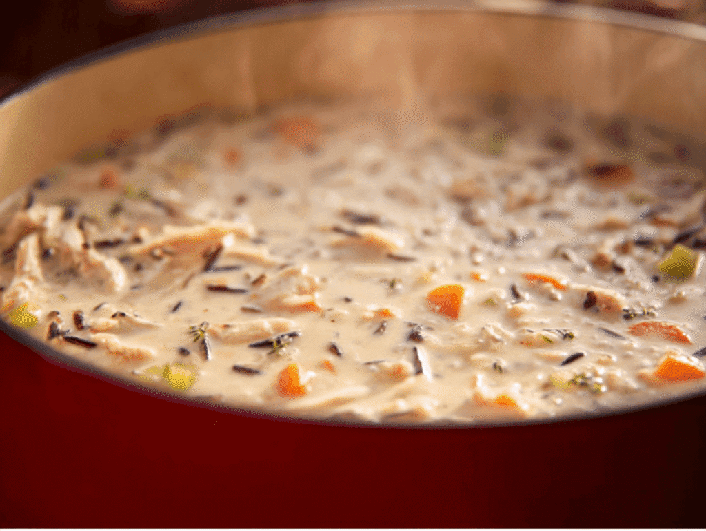 creamy chicken and wild rice soup simmering in red pot ready to serve