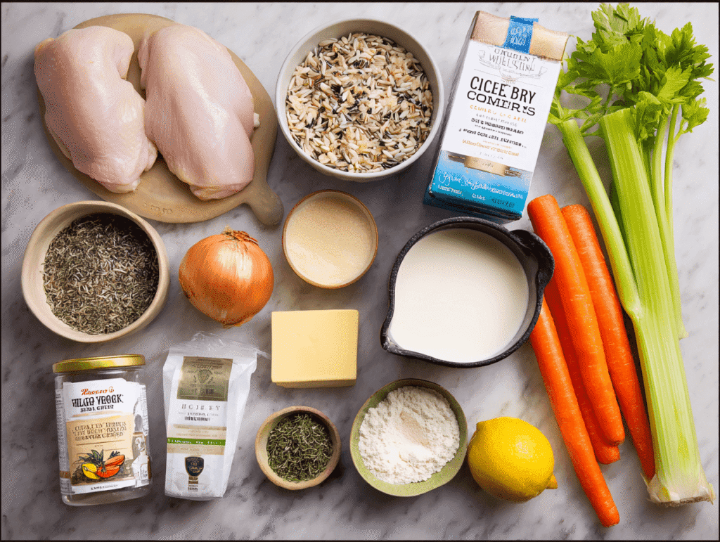 ingredients for chicken and wild rice soup recipe on marble counter