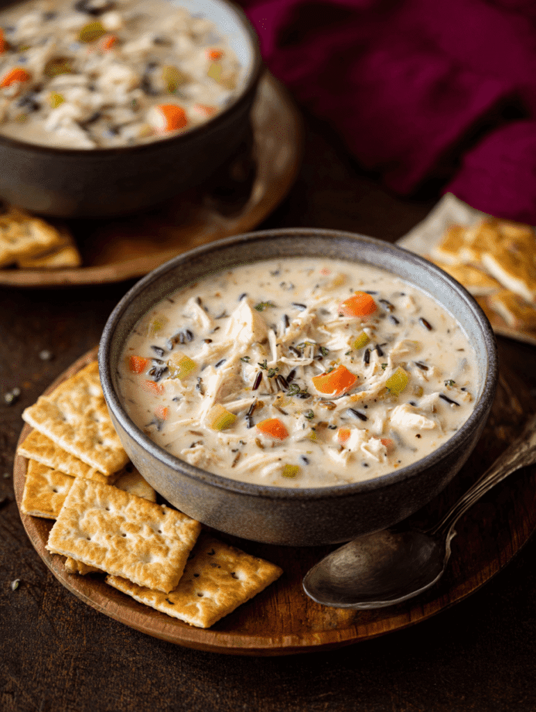 creamy chicken and wild rice soup in bowl with crackers on rustic table