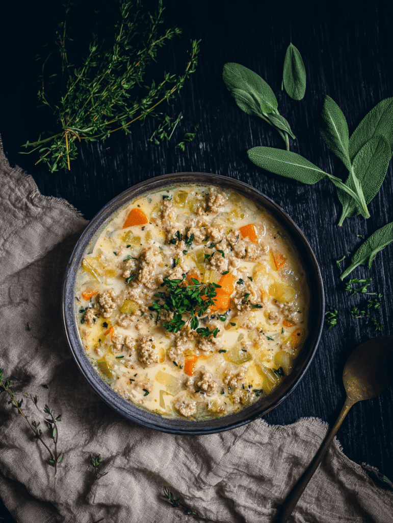 Top view of creamy ground turkey soup with carrots, potatoes, and herbs.