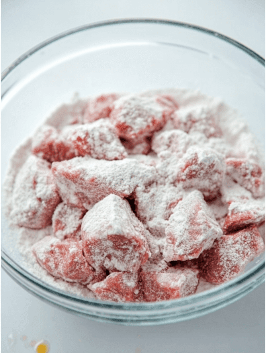 Beef chunks coated in flour for Hawaiian beef stew recipe step one