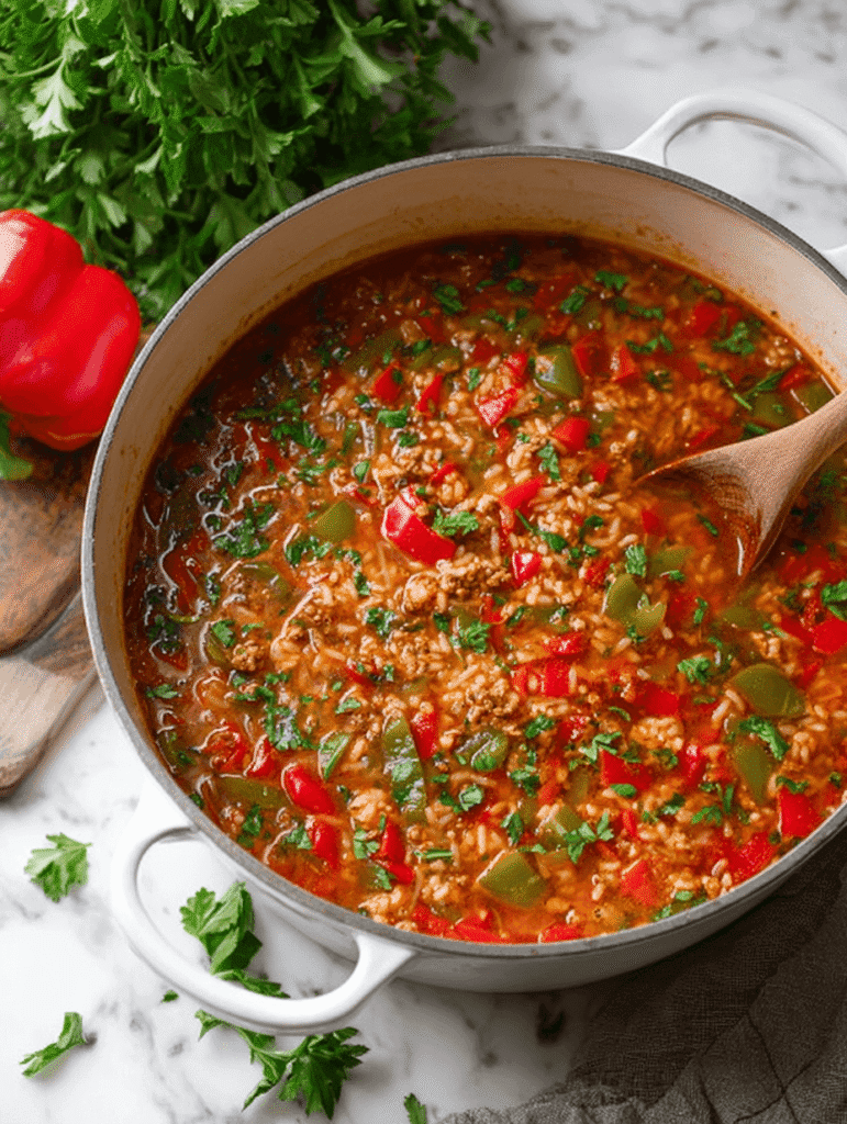 cooking stuffed pepper soup recipe in pot