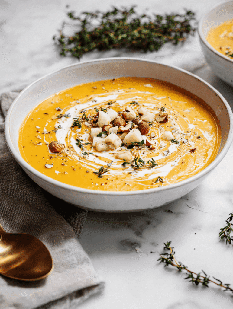 Creamy butternut squash and apple soup with coconut milk, topped with diced apples, hazelnuts, and thyme.