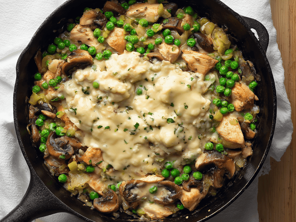 chicken, mushrooms, carrots, and leeks cooking for easy chicken pot pie with cream of chicken soup