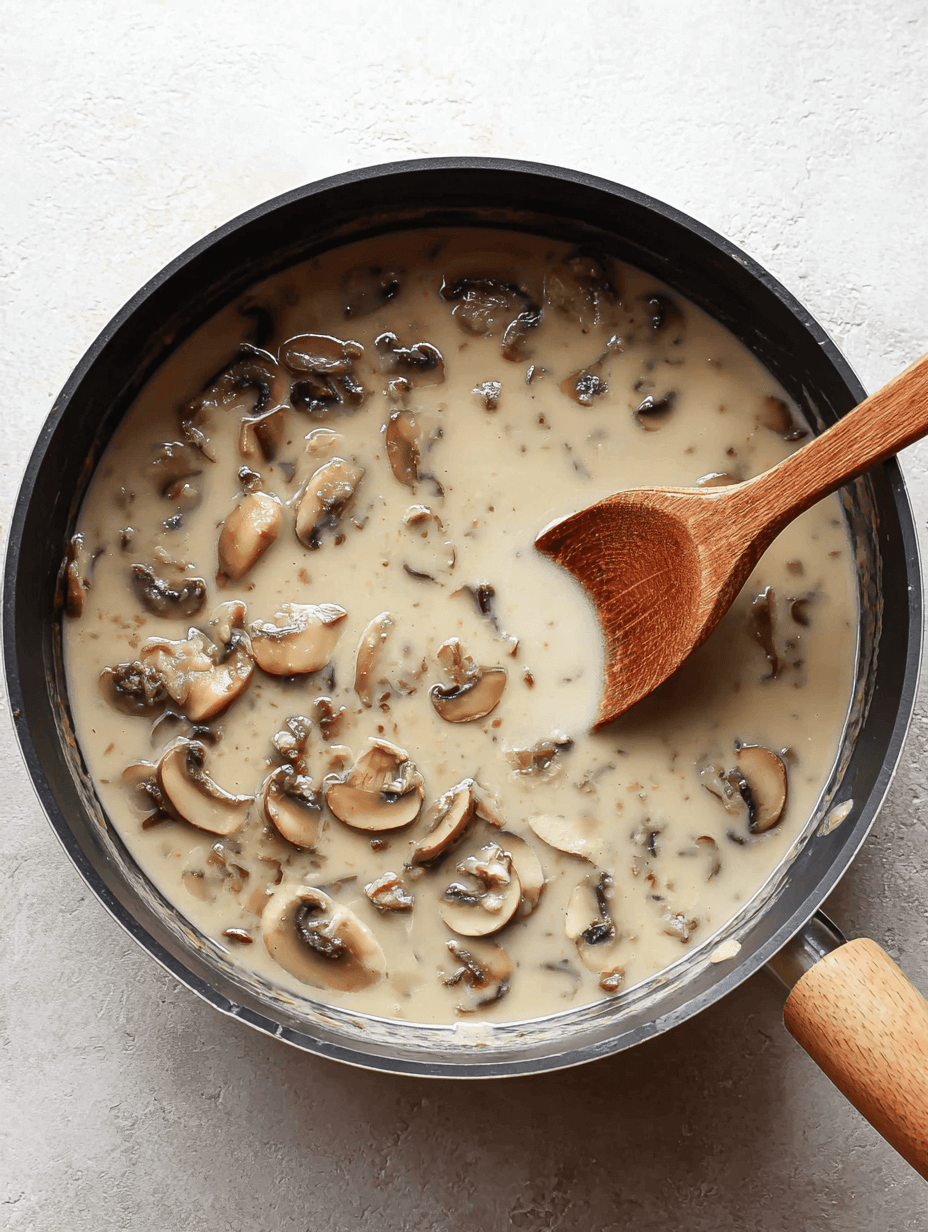 creamy dairy-free cream of mushroom soup simmering with mushrooms