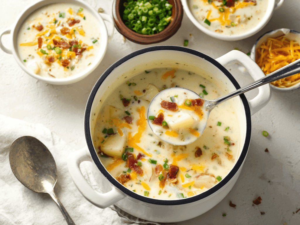 Ladle serving creamy Outback potato soup topped with cheddar, bacon, and green onions
