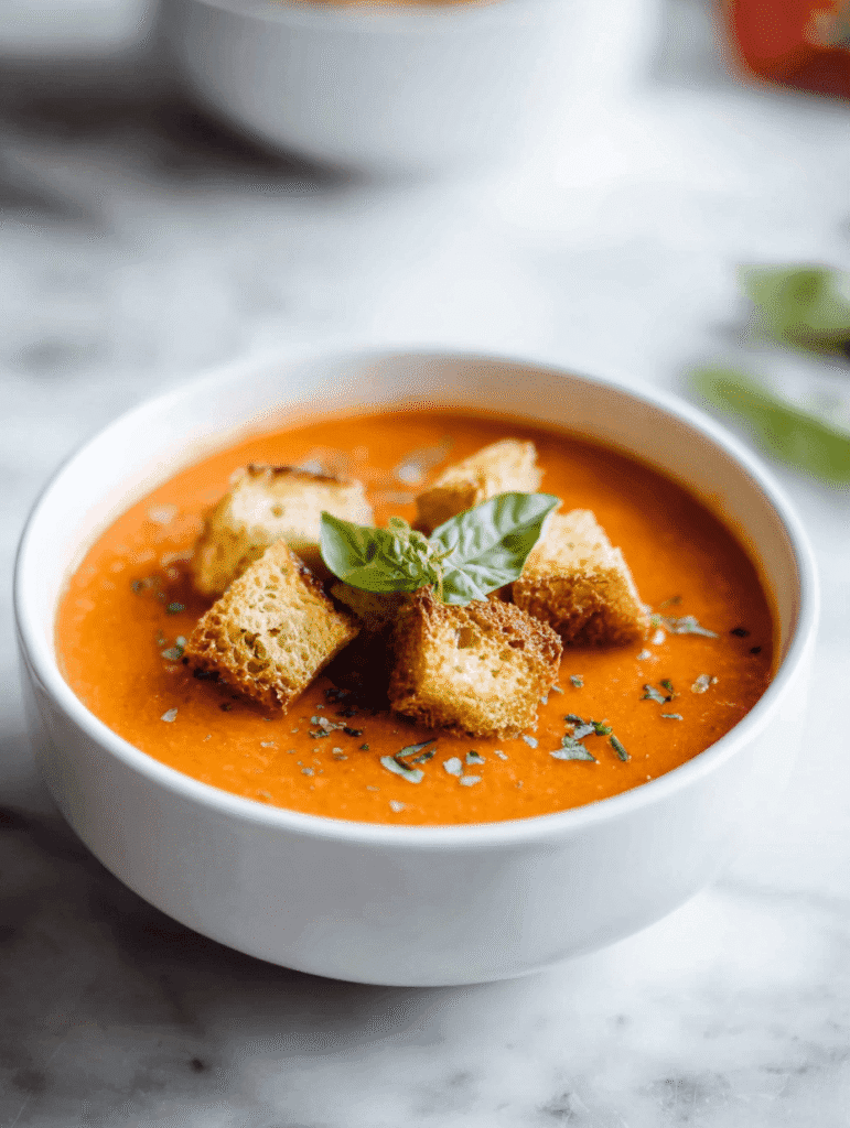 Creamy tomato basil soup with garlic croutons and fresh basil in a white bowl