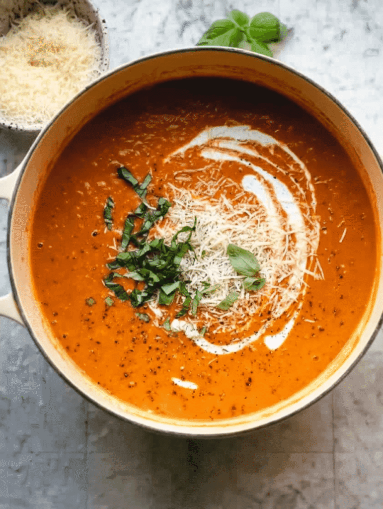 Creamy tomato basil soup topped with parmesan cheese, basil, and a swirl of cream