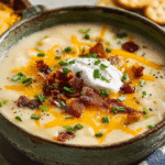 Crockpot Potato Soup topped with cheddar cheese, bacon, and chives in a rustic bowl