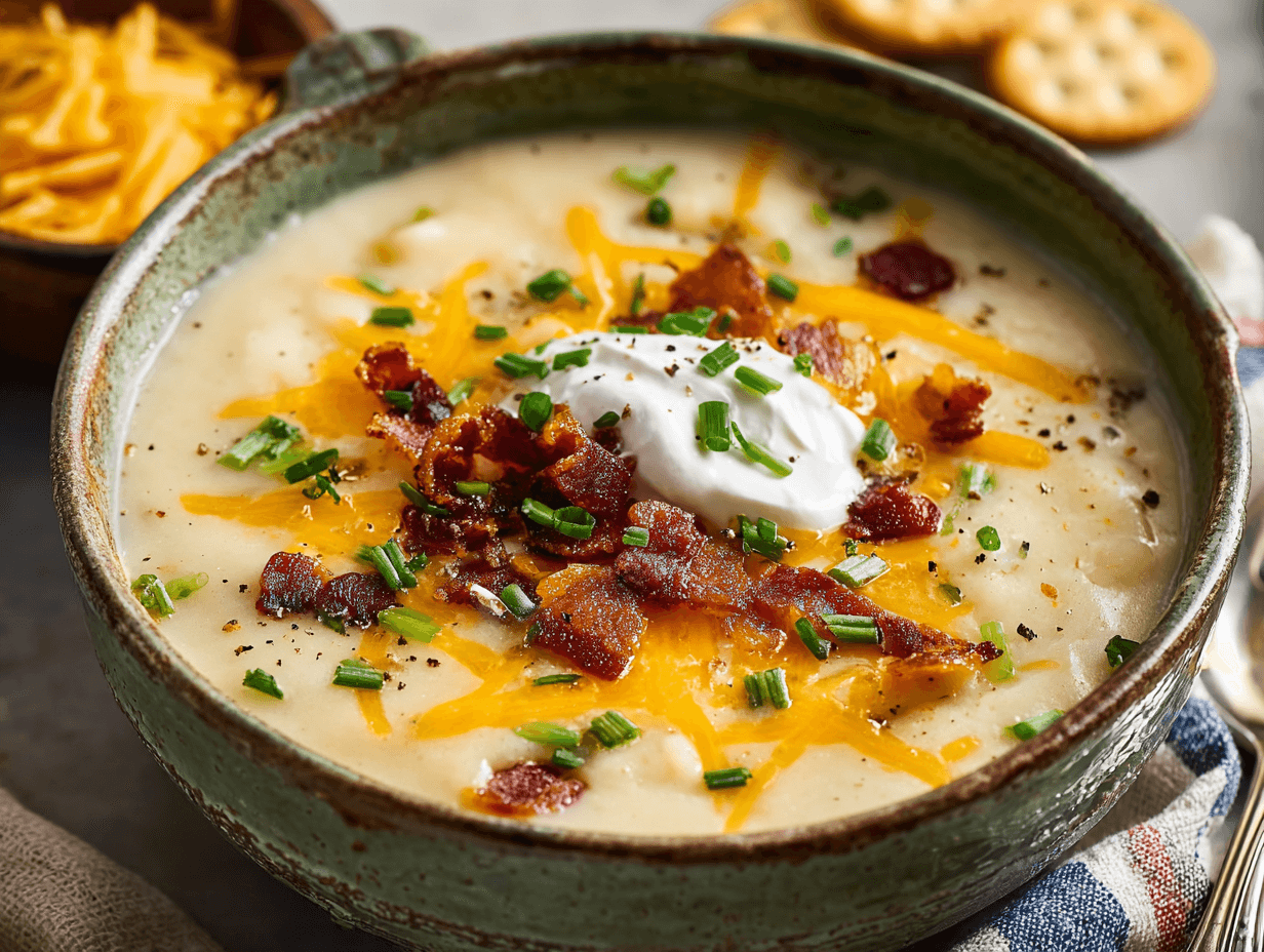 Crockpot Potato Soup topped with cheddar cheese, bacon, and chives in a rustic bowl