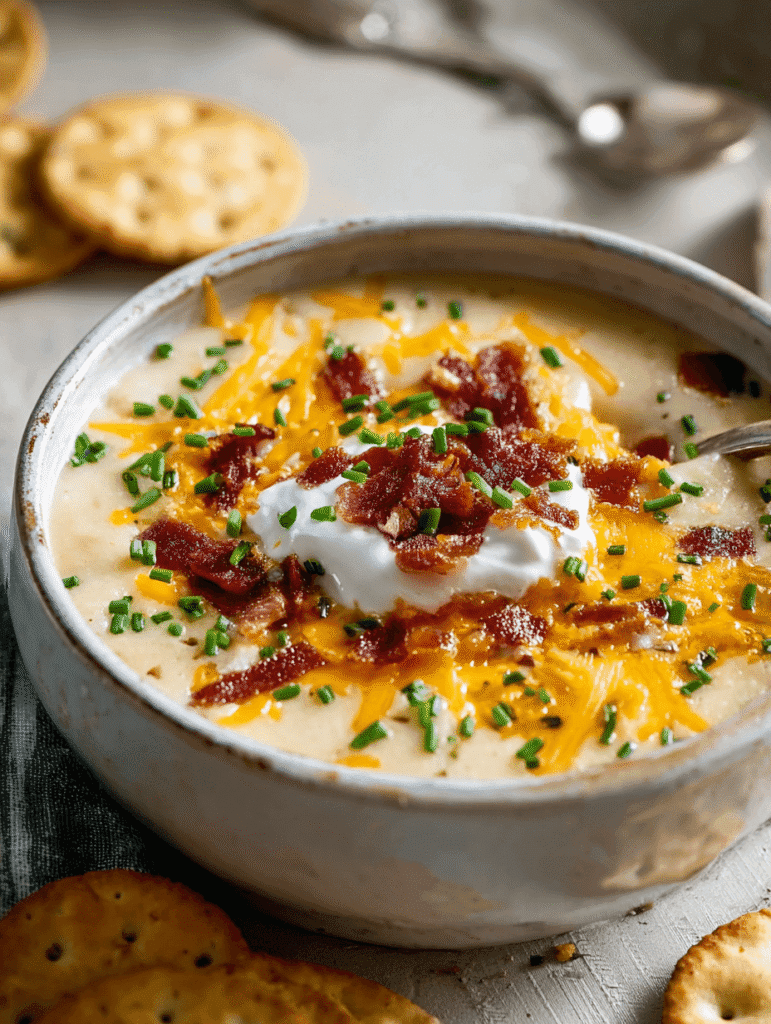 Crockpot Potato Soup with bacon, cheddar, and chives in a ceramic bowl