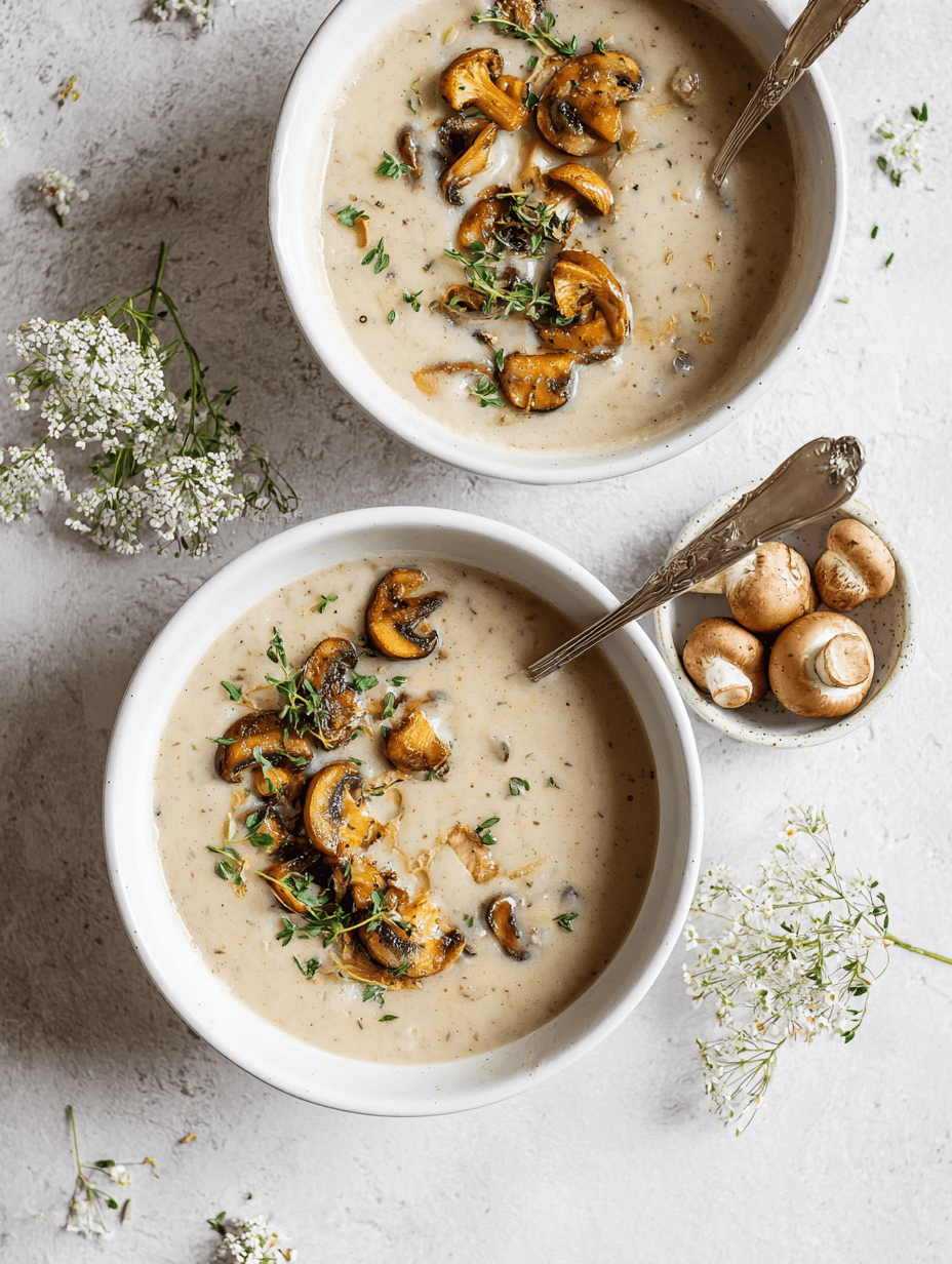 dairy-free cream of mushroom soup served in white bowls with sautéed mushrooms