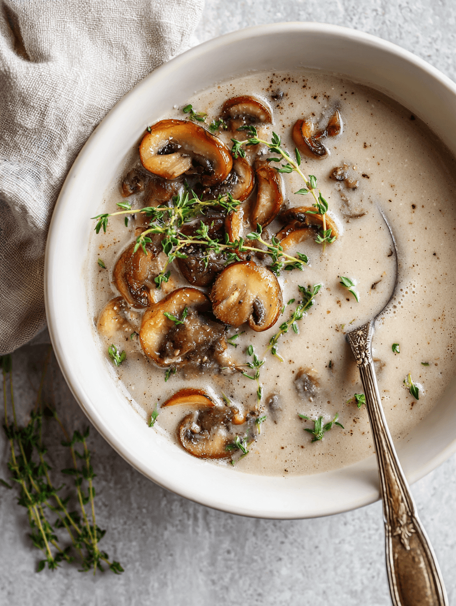 dairy-free cream of mushroom soup served with sautéed mushrooms and fresh thyme