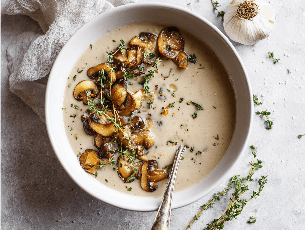 dairy-free cream of mushroom soup topped with sautéed mushrooms and fresh thyme
