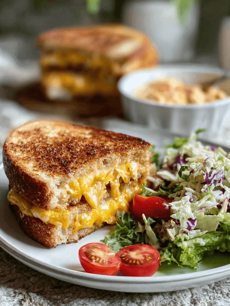 Grilled cheese sandwich and salad served as a side for Old Fashioned Vegetable Beef Soup