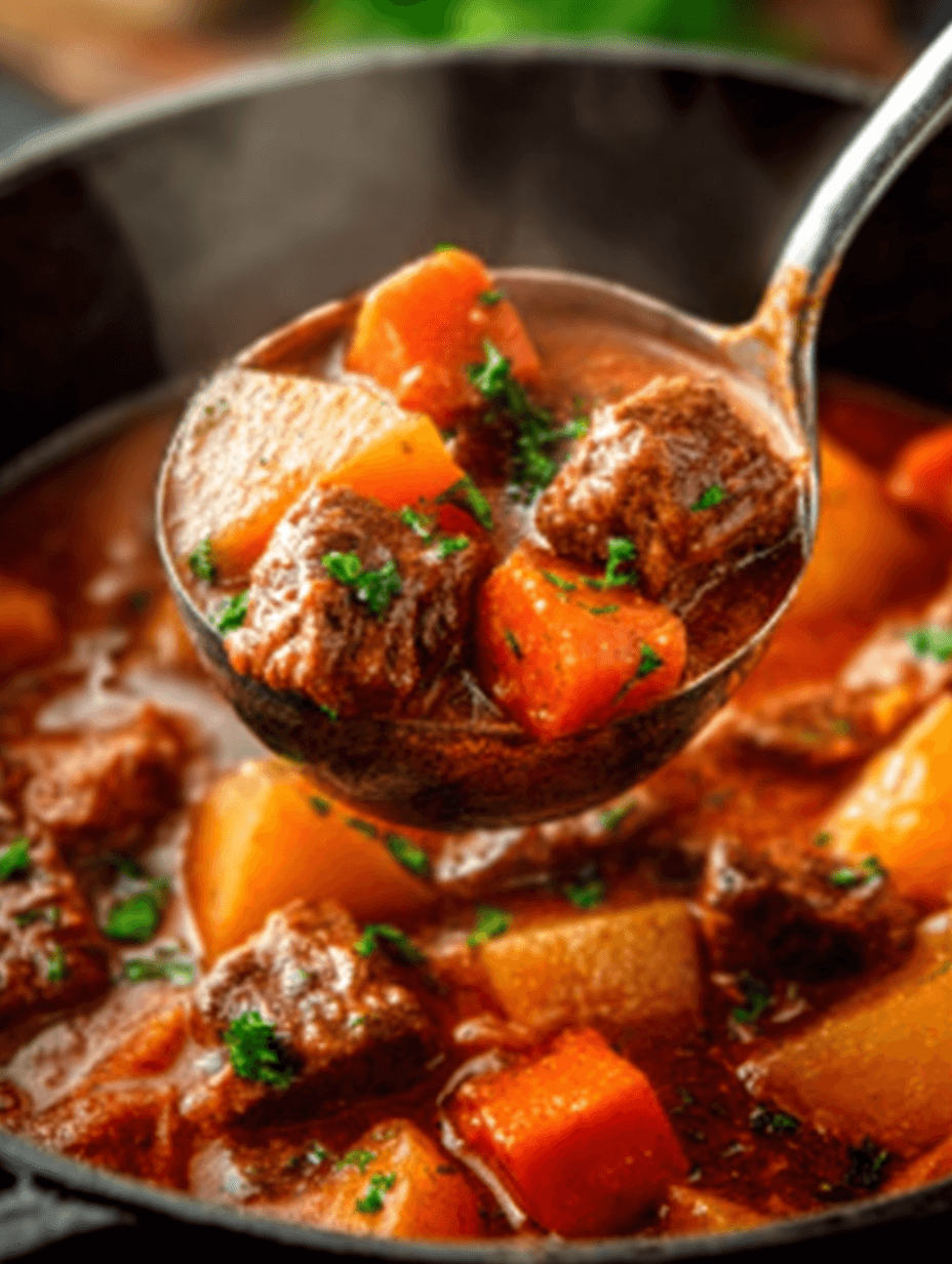 Ladle of Hawaiian beef stew with tender beef, potatoes, and carrots in a rich tomato-shoyu broth