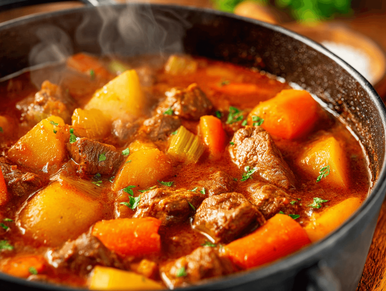 Hawaiian beef stew simmering with beef, potatoes, and carrots in a tomato-shoyu broth