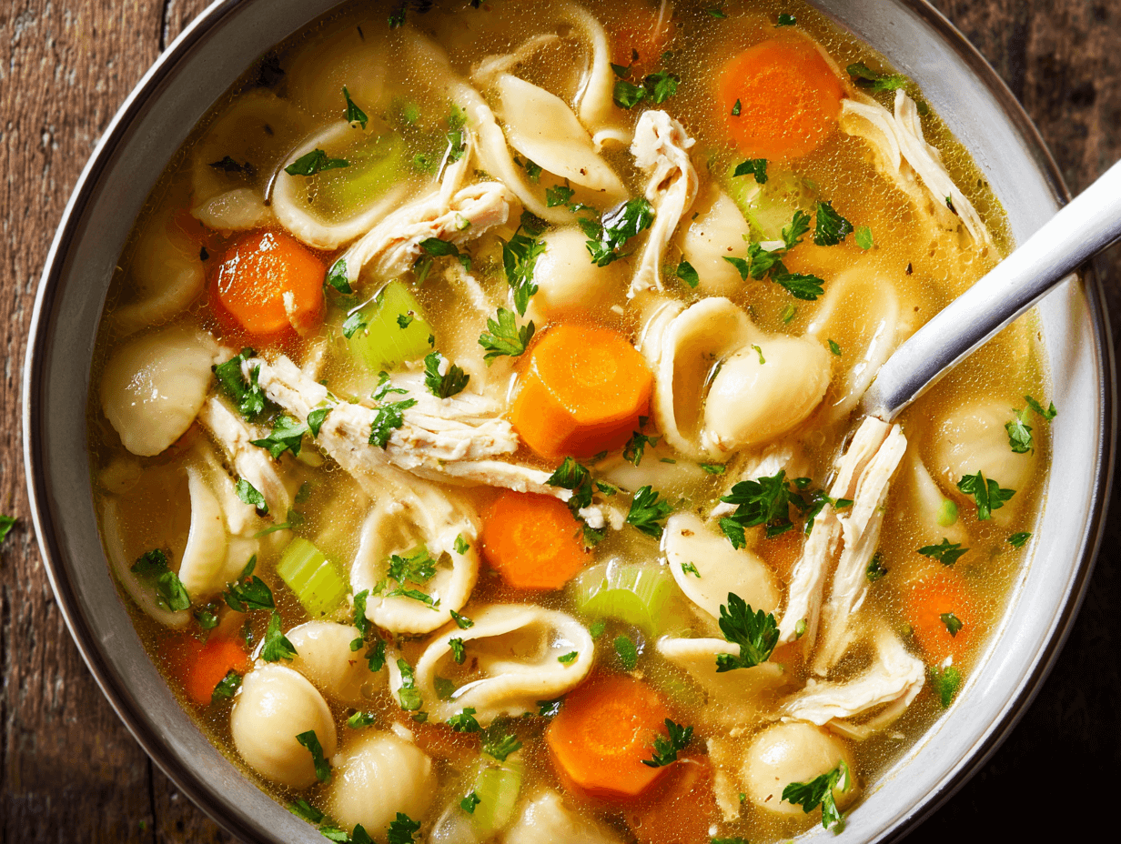 High Protein Chicken Noodle Soup – The Ultimate Cozy 30-Minute Meal 13 High Protein Chicken Noodle Soup with chickpea pasta, chicken, carrots, and celery in golden broth.