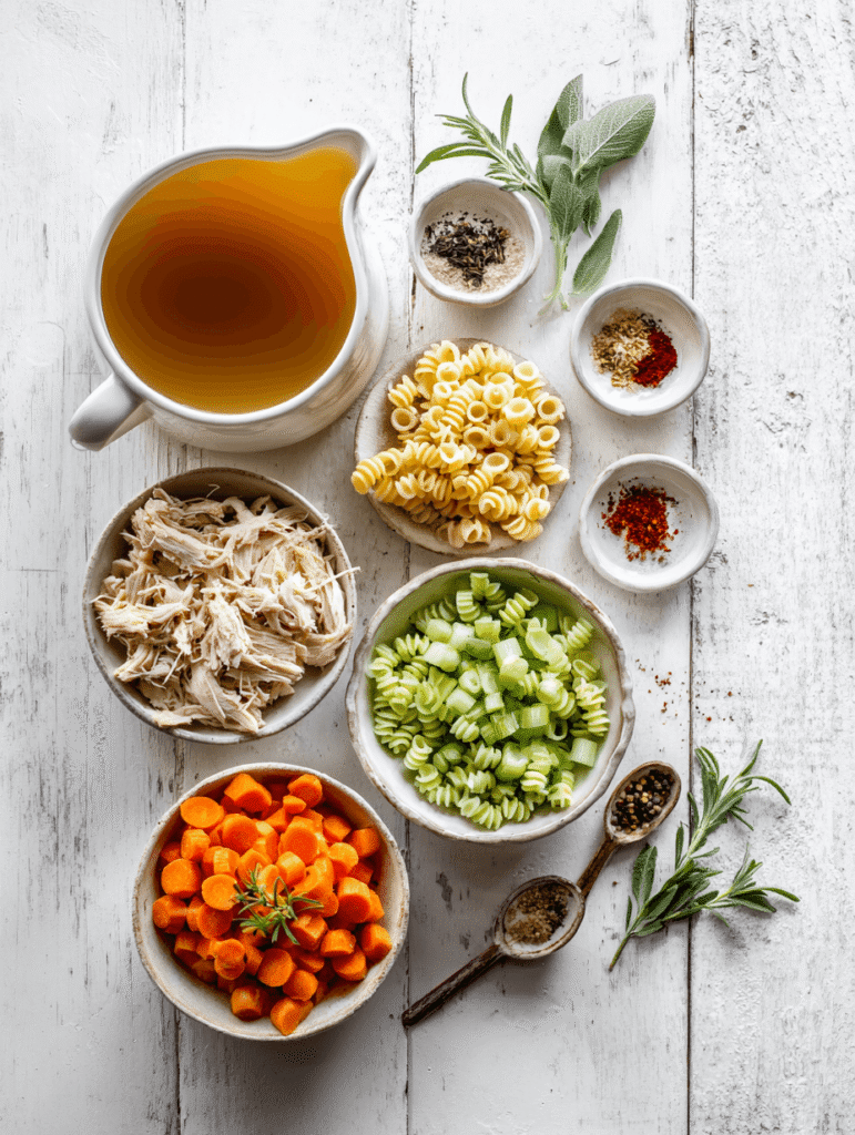 High Protein Chicken Noodle Soup – The Ultimate Cozy 30-Minute Meal 3 Ingredients for High Protein Chicken Noodle Soup including bone broth, chickpea pasta, carrots, celery, onions, and shredded chicken.