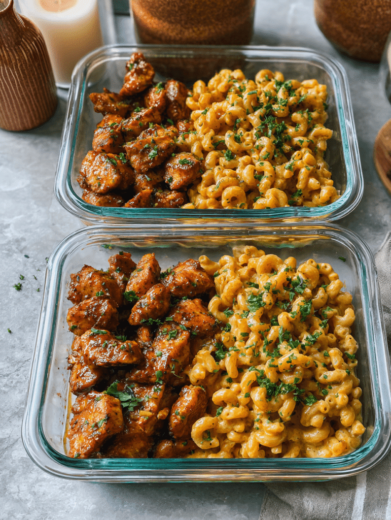 High-Protein Honey Garlic Butter Chicken with Mac & Cheese 2 high-protein honey garlic butter chicken with mac and cheese meal prep containers